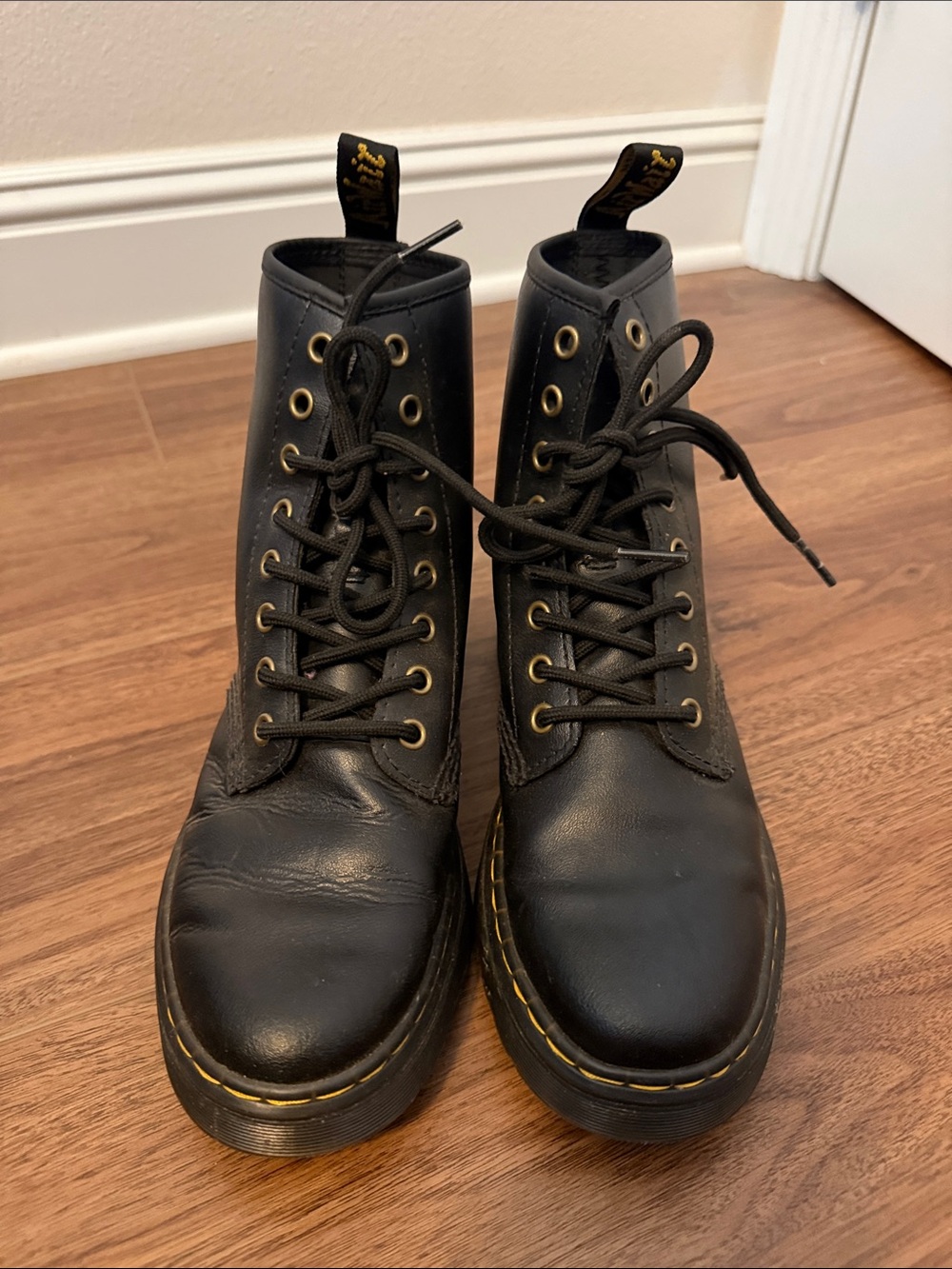 Dr. Martens Black Leather Lace-Up Ankle Boots with Yellow Stitching